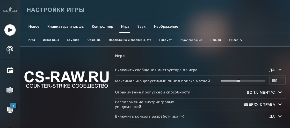 Активация консоли разработчика (~) в настройках CS:GO