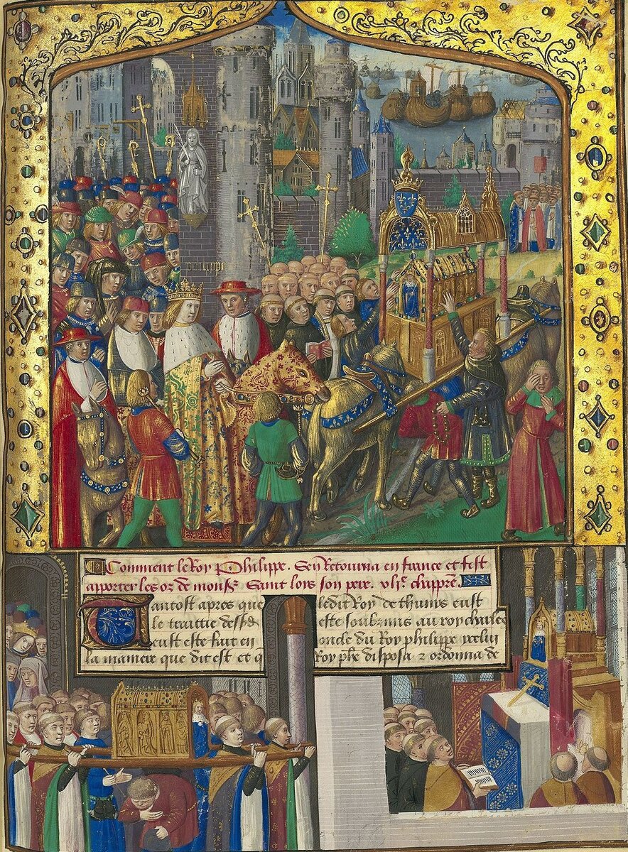 Филипп III возвращается из-за моря с телом отца. Миниатюра из хроники