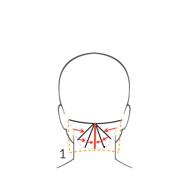 Схема 1. Стрижка нижнего затылочного блока. Красная линия в центре-это первая прядь. От неё будут простригаться все остальные волосы-влево и вправо.