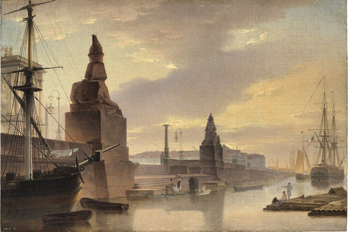 Воробьев Максим Никифорович: Набережная Невы со сфинксами у Академии художеств. 1835 Холст, масло. 75 x 111 см Государственный Русский музей, С.-Петербург