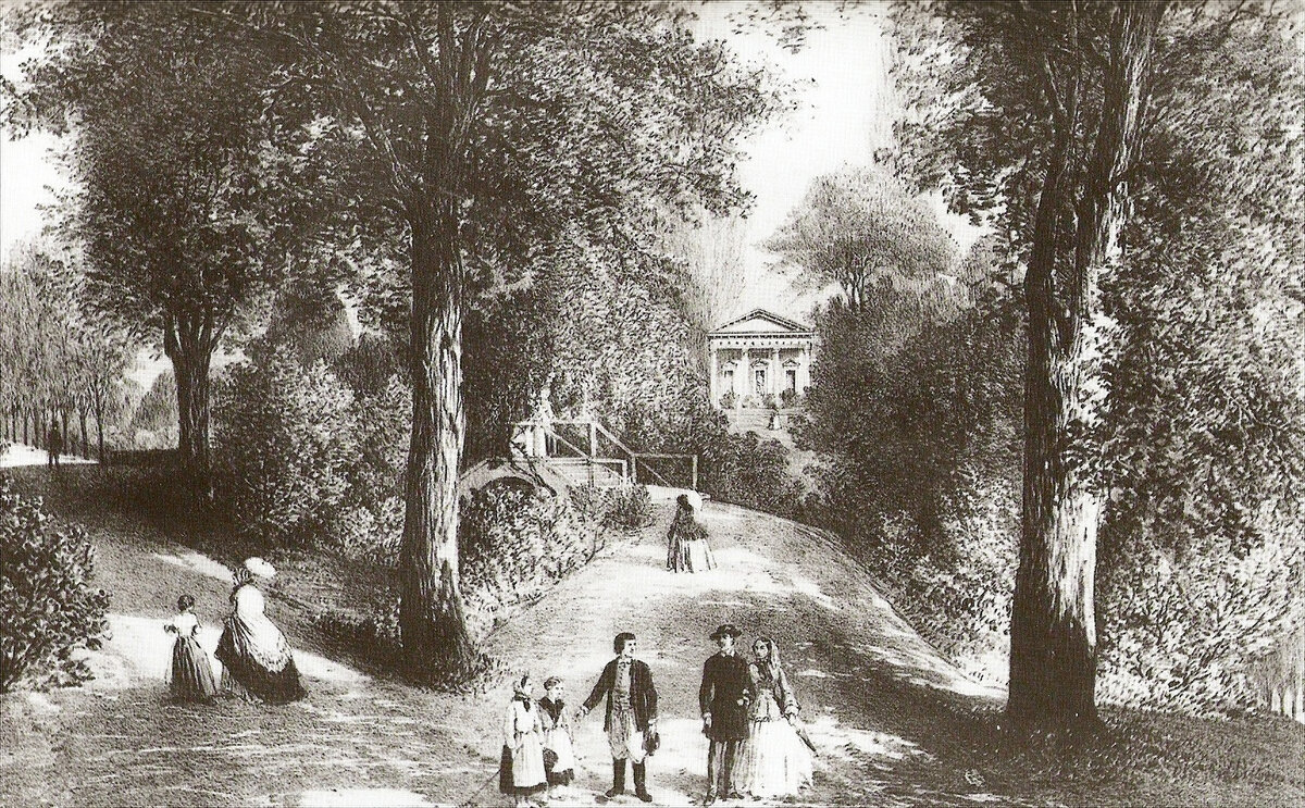 Greek House and the bridge in the park in Puławy, Poland