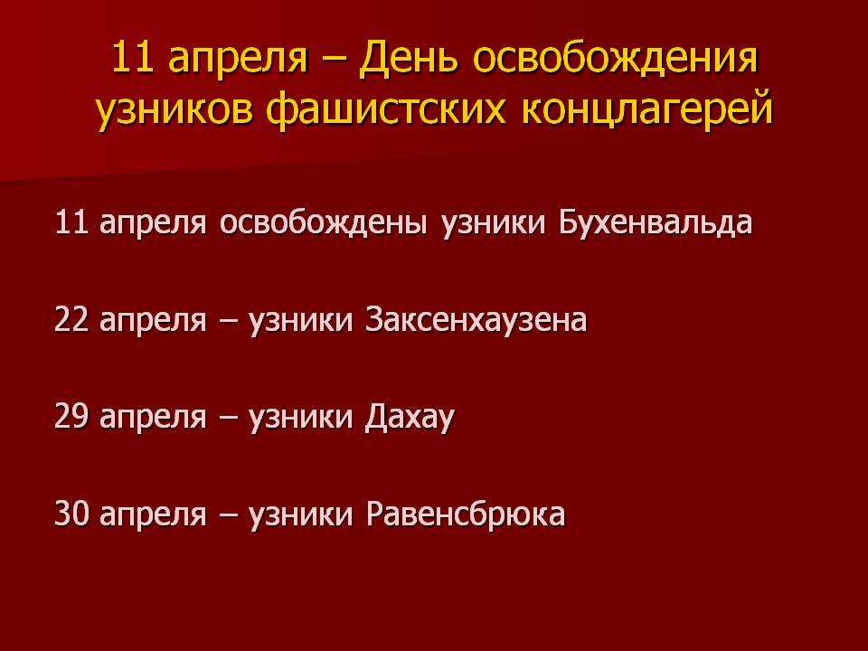 11 апреля 2019 год. День освобождения узников концлагерей.