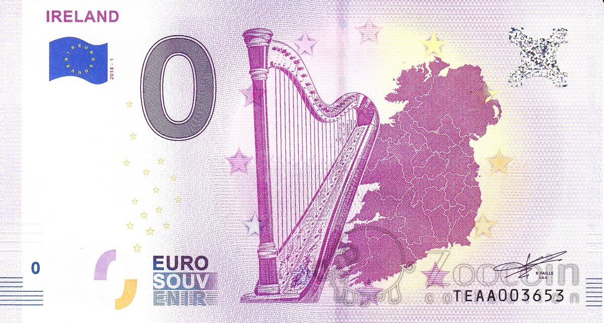 Спонсор выпуска - "Клуб Нумизмат"  Ирландия – это девятое в мире государство, которое приняло решение о выпуске купюры, номинал которой равен 0 евро. Да, именно нулю евро.