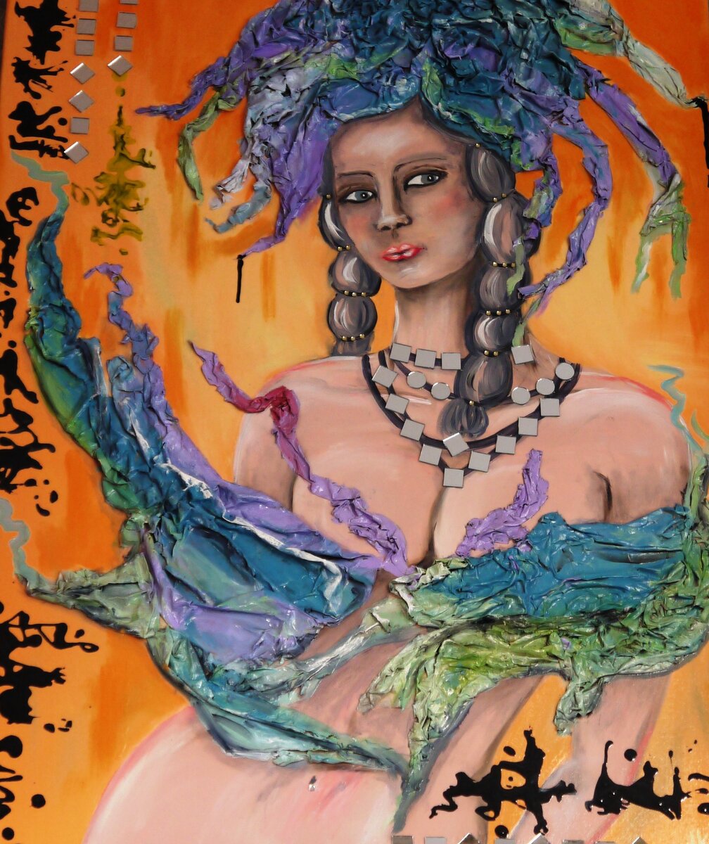 Картина для интерьера: масляные краски, для объемности -папье-маше, для декора - бижутерия.