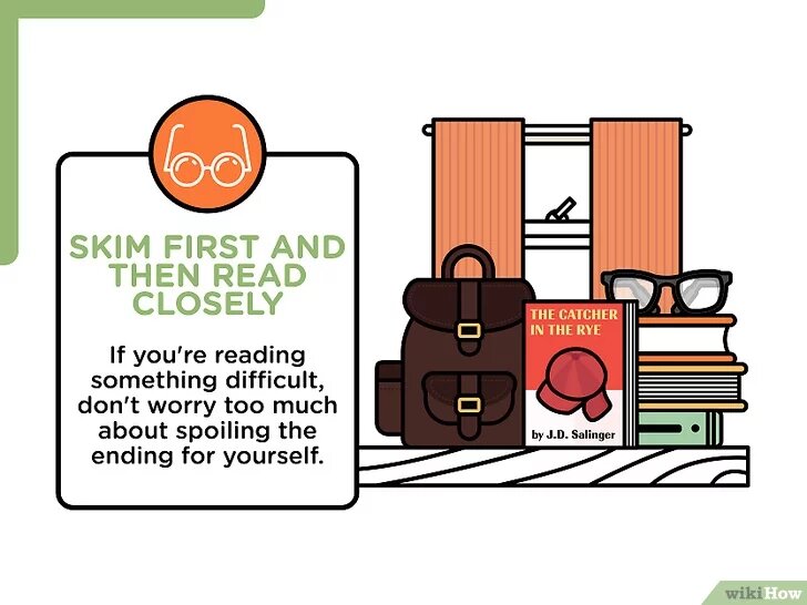 2.Бегло просмотрите текст, а затем прочитайте его внимательно. Если вы читаете сложный текст, не переживайте, что в этом случае будете знать, чем все закончится. Если вы прочитали абзац и вынуждены начать его заново, попробуйте быстро просмотреть всю историю или пролистайте всю книгу, чтобы получить общее представление о сюжете, главных героях и тоне повествования, так, вы будете знать, на чем сосредоточиться, когда будете читать более внимательно.[1]