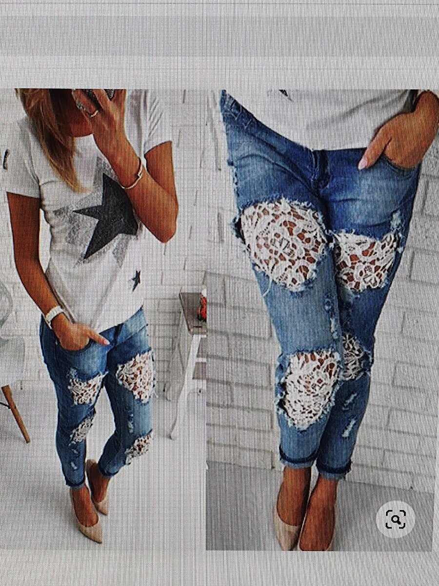 А если подраные джинсы вам приелись то смело делаем в проплешины вставки из кружева или шитья. Смотрится очень оригинально!