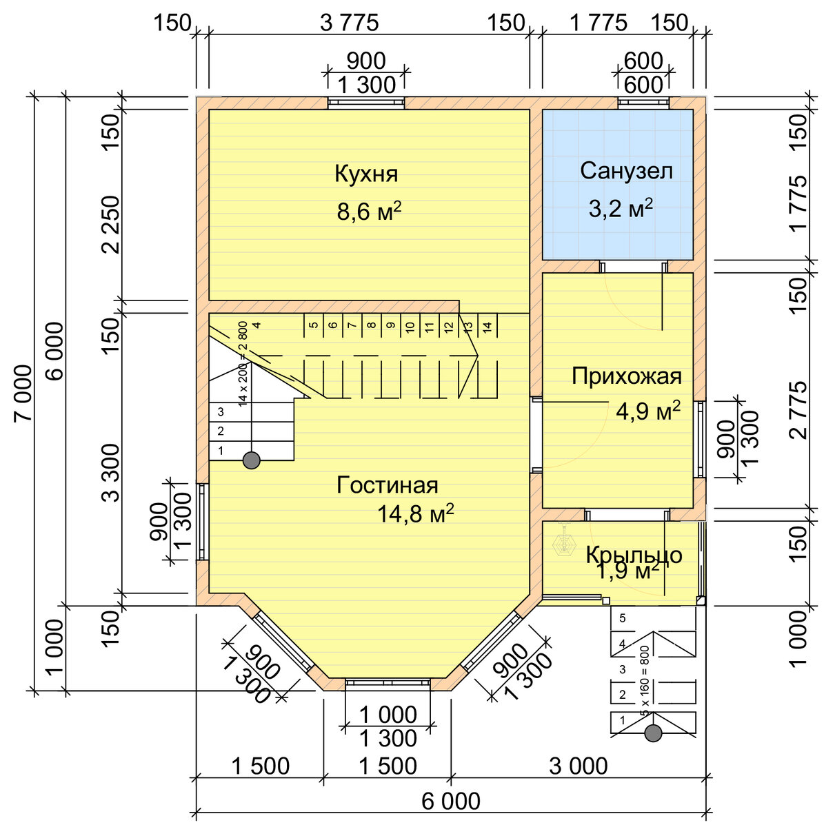 3-х комнатный дом 6х7 м. для сада и дачи, с мансардой, площадью 61 м² (+ Планы и фасады с размерами) ??