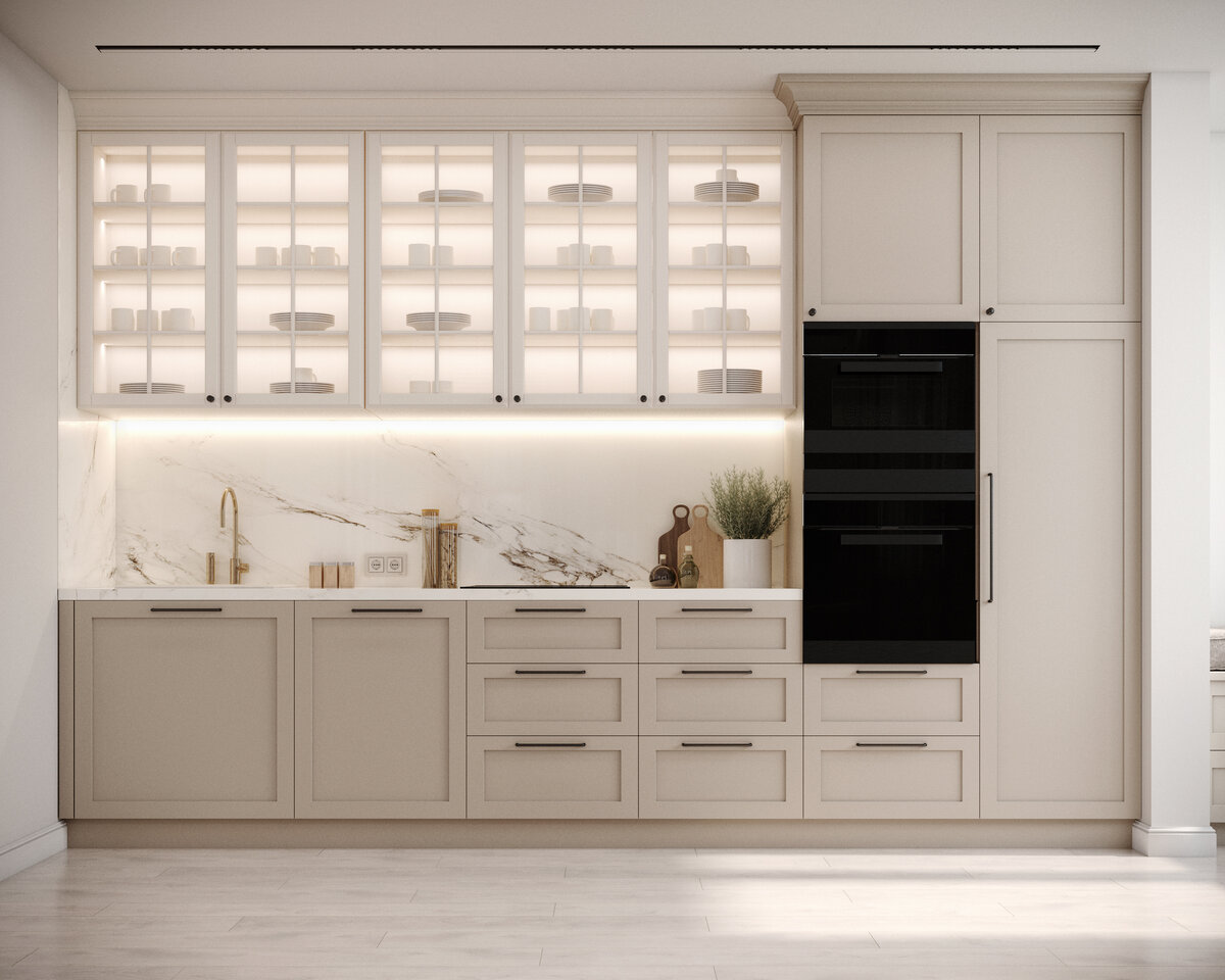 Кухня оснащена встроеным холодильником, духовым шкафом, микроволновой печью, варочной панелью на 4 конфорки.