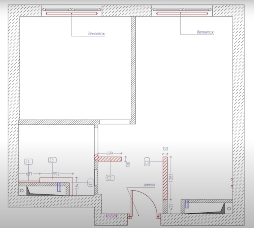 Демонтажный план (красным отмечены стены, которые снесли)