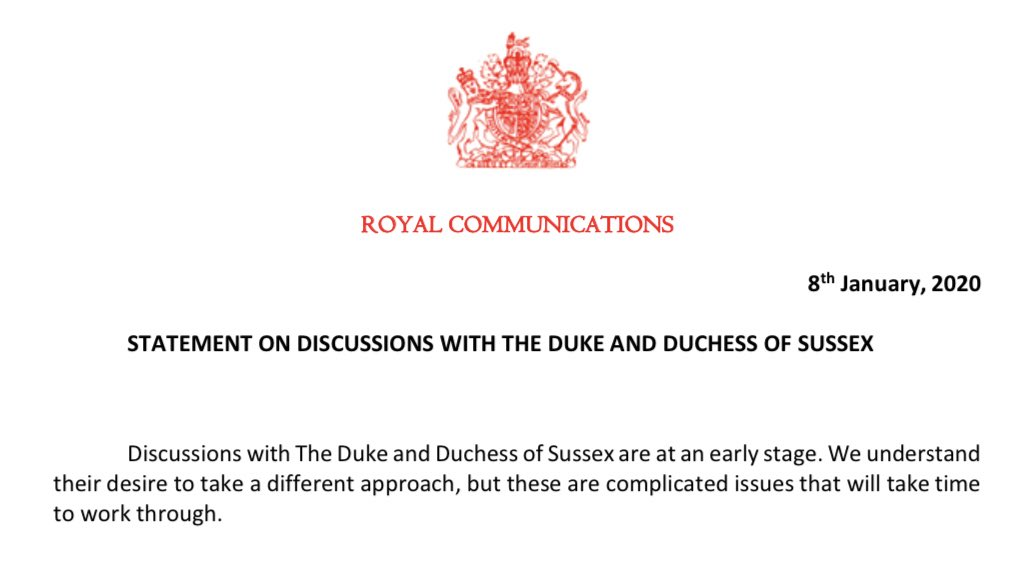 Обсуждения с герцогом и герцогиней Сассекскими находятся на ранней стадии. Мы понимаем их желание идти своим путем, но это непростой вопрос, требующий времени на проработку.