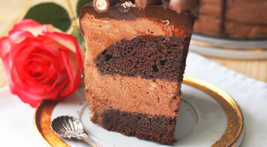 ИНГРЕДИЕНТЫ Nutella-мусс:
600 мл сливок 30%
300 г Nutella
150 мл молока
15 г желатина
100 г темного шоколада
3 яичных белка
Ганаш:
100 мл 30% сливок
100 г темного шоколада
30 г сливочного масла
200 г Мальтизерс для украшения
Сироп для пропитки:
100 г воды
100 г сахара
несколько капель лимонного сока
Коржи:
5 яиц
150 г сахара
110 г муки
20 г какао-порошка
1,5 ч.л. разрыхлителя
40 г кукурузного крахмала
ПОШАГОВЫЙ РЕЦЕПТ ПРИГОТОВЛЕНИЯ
Шаг 1
Разогреть духовку до 170°C. Проложить дно разъемной формы 21 см в диаметре бумагой для выпечки. Бока смазать маслом.
Шаг 2
Взбить белки с 5 ст.л. холодной воды. Постепенно добавить сахар и взбивать до средних пиков. Желтки взболтать вилкой. Добавить в белки, аккуратно размешать. Добавить муку, какао, разрыхлитель и крахмал. Вылить смесь в форму, выпекать в течение 25-30 минут. Проверить готовность деревянной палочкой. Осторожно вынуть из формы, охладить на решетке полностью. Желательно оставить коржи на ночь накрытыми полотенцем. Разрезать горизонтально на 2 или 3 части. Края по кругу срезать примерно на 2 см.
Шаг 3
Подготовить мусс: замочить желатин в холодной воде на 10-15 минут. Нагреть до кипения молоко, добавить Нутеллу и наломанный шоколад. Перемешать до полного растворения. Можно подержать на медленном огне. Желатин отжать и добавить в мусс, интенсивно перемешать. Охладить полученный мусс до комнатной температуры. Взбить сливки до жёстких пиков. Добавить в мусс. Взбить до устойчивой пены белки, подмешать в мусс лопаткой.
Шаг 4
Сироп. Нагреть до кипения воду, растворить в ней сахар и лимонный сок. Проварить 2-3 минуты. Охладить.
Шаг 5
Простелить форму бумагой для выпечки. Бока изнутри обернуть бумагой (высота бортика должна быть не менее 10 см). На дно выложить один корж, пропитать сиропом. Покрыть слоем мусса. Выложить далее в том же порядке второй и третий (если резали на 3 коржа) слои. Верх должен быть покрыт слоем мусса.
Шаг 6
Оставить застывать на холоде не менее 4 часов.
Шаг 7
Ганаш. Нагреть сливки до кипения, но не кипятить. Выложить в них наломанный шоколад. Растворить, интенсивно помешивая. Немного охладить, добавить кусочками сливочное масло, размешать до гладкости.
Шаг 8
Фото приготовления рецепта: Муссовый торт с шоколадными коржами и Нутеллой, шаг №8
После застывания мусса аккуратно снять бортик, отделить бумагу снизу и с боков. Выложить торт на блюдо для подачи. Верх облить ганашем и сразу выложить на незастывший ганаш конфеты Мальтизерс (или орешки в шоколаде). Охладить в течение часа и подавать. Нарезать кусочки нужно горячим сухим ножом, тогда срез будет гладкий и ровный.