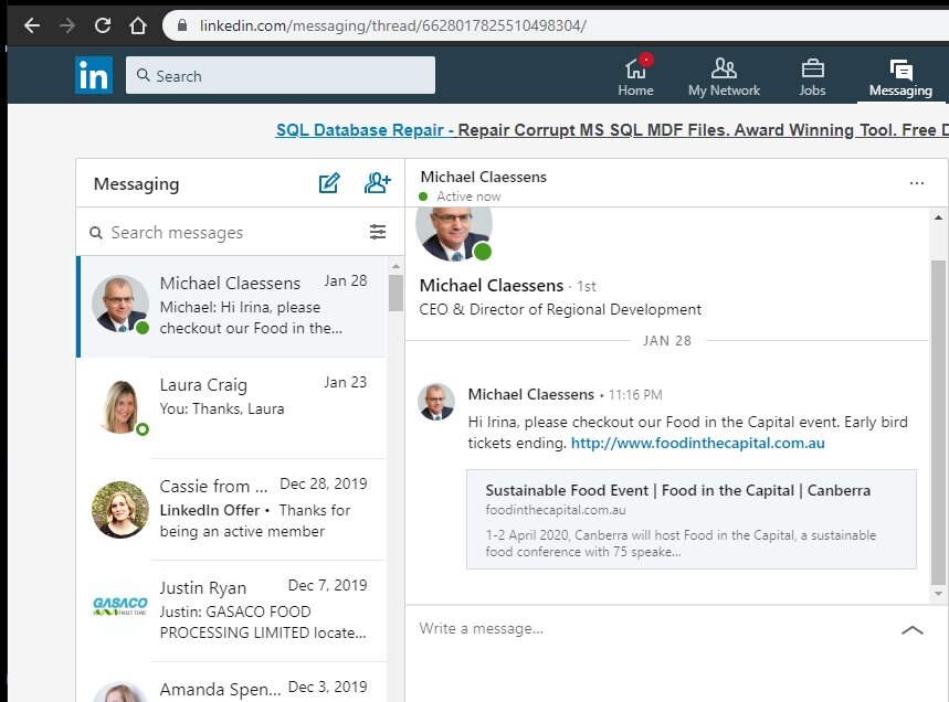Вкладка Messaging в Linkedin