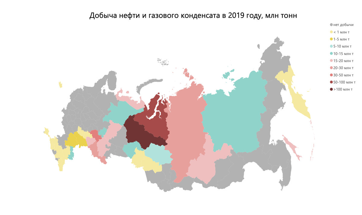 Добыча нефти по регионам России в 2019 г. Источник: авторская карта по данным нефтяных компаний, региональных властей, публикаций ЦДУ ТЭК и СМИ