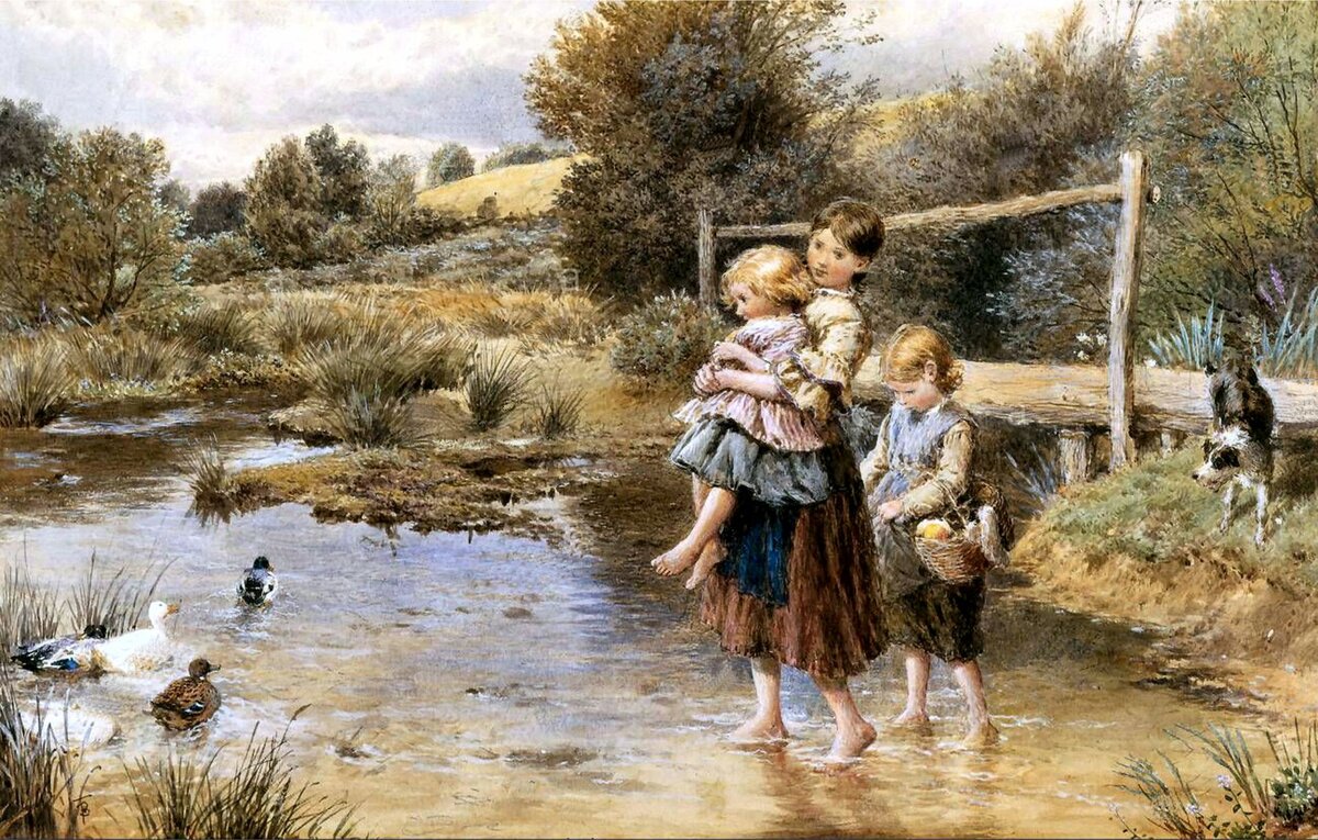 Майлз Биркет Фостер 1825-1899.  Дети, переходящие ручей
