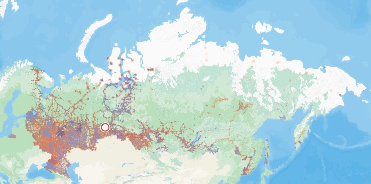 Покрытие сотовой связью (Билайн, Мегафон, МТС, Yota, Tele2) территории РФ. Чётко виден юг Уральских гор (Южный и Средний Урал).