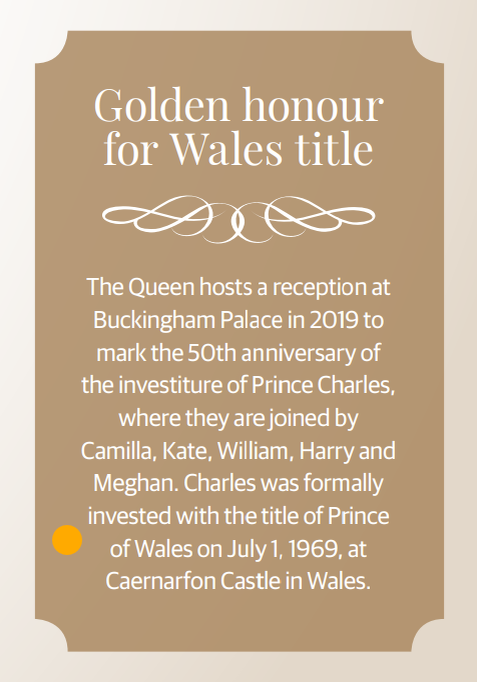 Скриншот-цитата. А на фото ниже - кадр 2019 года - по случаю 50-летия со дня присвоения титула "принц Уэльский" старшему сыну Елизаветы II, Чарльзу. 