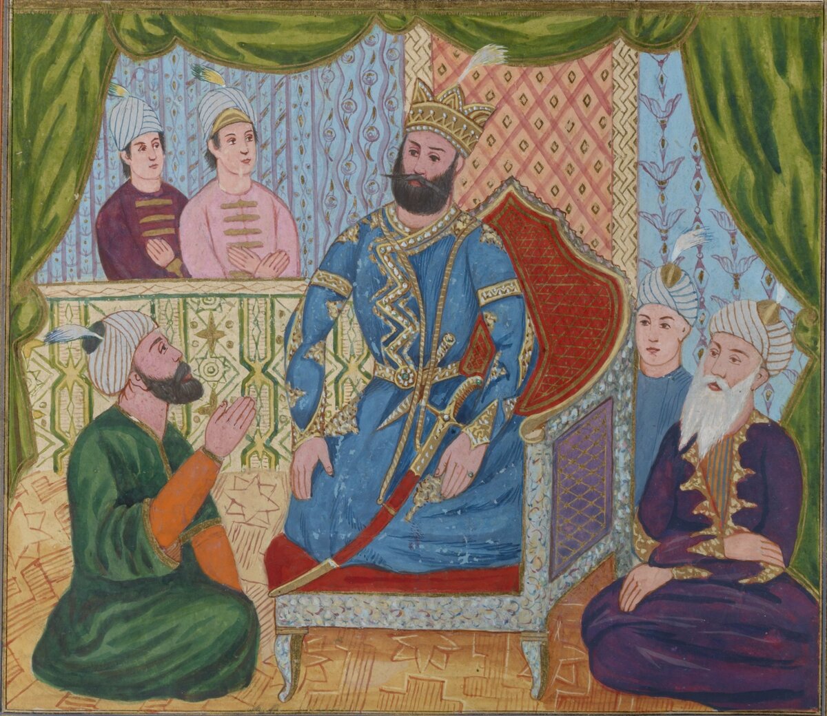 Траэтаона (на персидском языке имя звучит как Фаридун) сидит на троне в окружении пяти придворных. Автор рисунка неизвестен. Время создания между 1616 и 1620 гг.