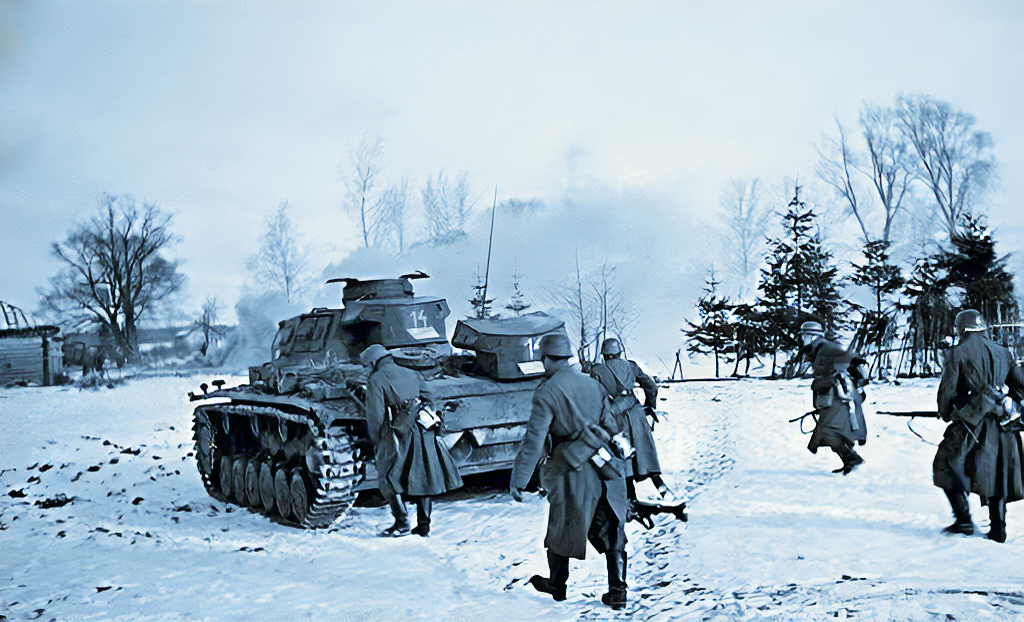 11-я танковая дивизия вермахта под Волоколамском, декабрь 1941 года. До столицы - 100 км.