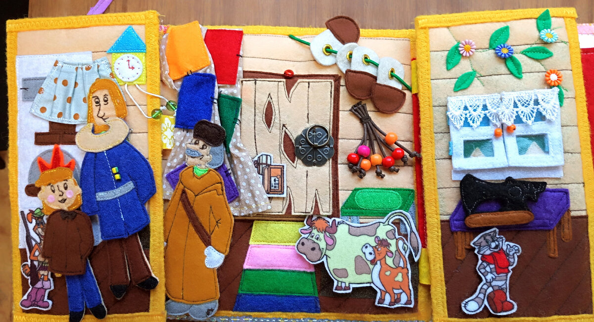 Страницы тактильной  книги "Простоквашино" (листайте галерею вправо)