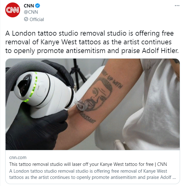 Лондонская тату студия предлагает бесплатное удаление тату с Канье Уэстом, так как артист открыто проповедует антисемитизм и хвалит Адольфа Гитлера   