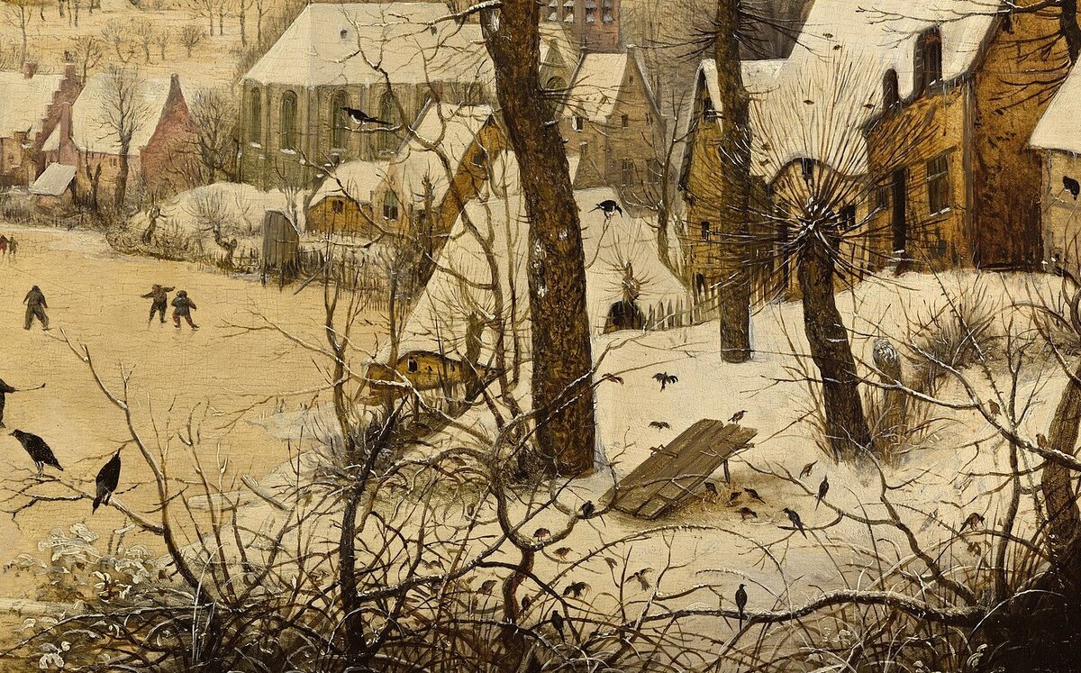 Питер Брейгель Старший «Пейзаж с конькобежцами и ловушкой для птиц», фрагмент