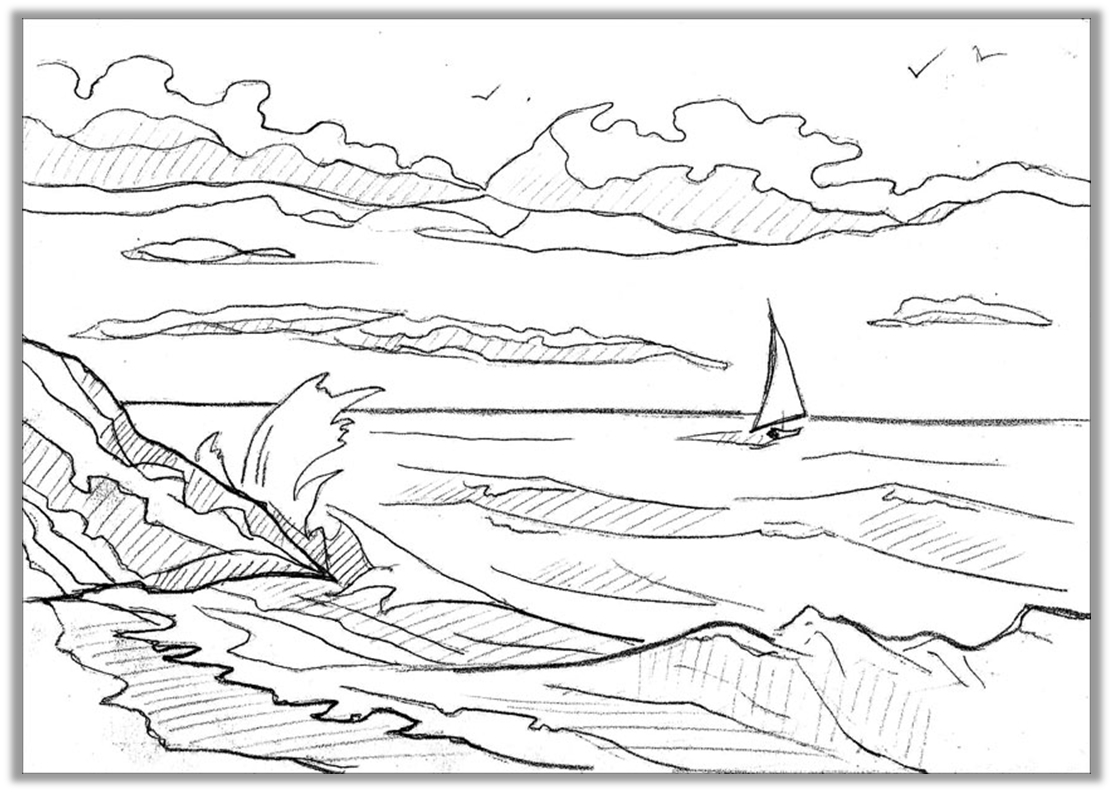 Морской пейзаж 6 класс. Море раскраска для детей. Раскраска пейзаж. Контуры пейзажей для рисования. Морской пейзаж эскиз.