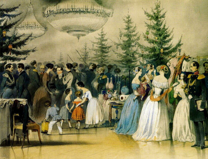 Рождественская елка в Аничковом дворце. 1840-е, худ. Алексей Чернышев