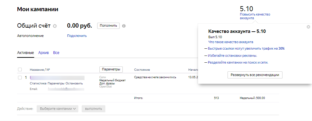 Показатель качества аккаунта показывает среднюю эффективность всех рекламных кампаний 