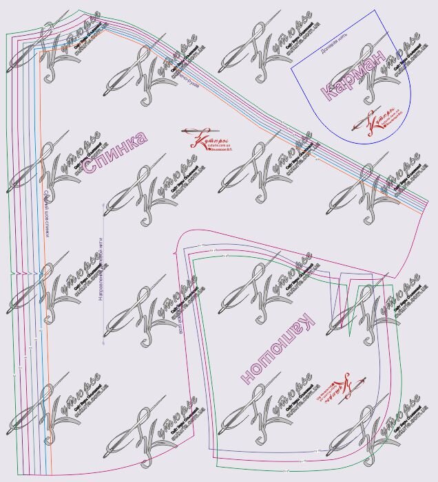 Рисунок выкройки капюшона, спинки и кармана для женского пальто