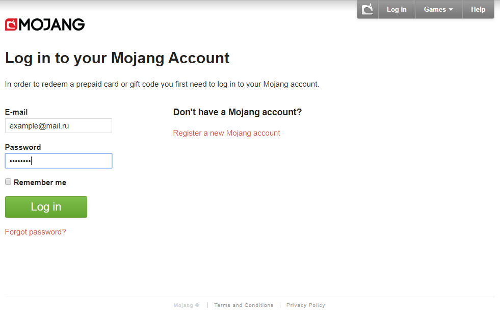 Вход в учётную запись Mojang.