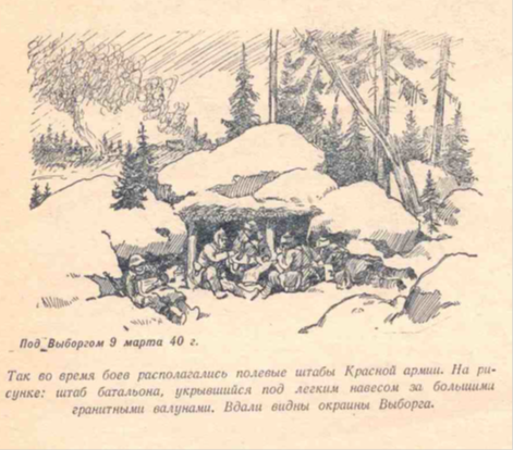 "Под Выборгом 9 марта 1940 г. Так во время боев располагались полевые штабы Красной армии. На рисунке: штаб батальона, укрывшийся под легким навесом за большими гранитными валунами. Вдали выдны окраины Выборга."
