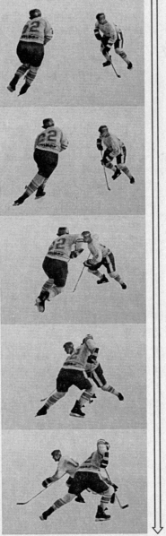 Финт туловищем и головой.

Хоккеист с шайбой движется навстречу сопернику. При сближении с ним он показывает естественным подготовительным движением головы, туловищем и клюшкой с шайбой, что будет уходить вправо. Вызвав ответную реакцию соперника на эти движения, он мгновенно изменяет направление и уходит влево.
Аналогично выполняются и финты с выпадом в сторону.