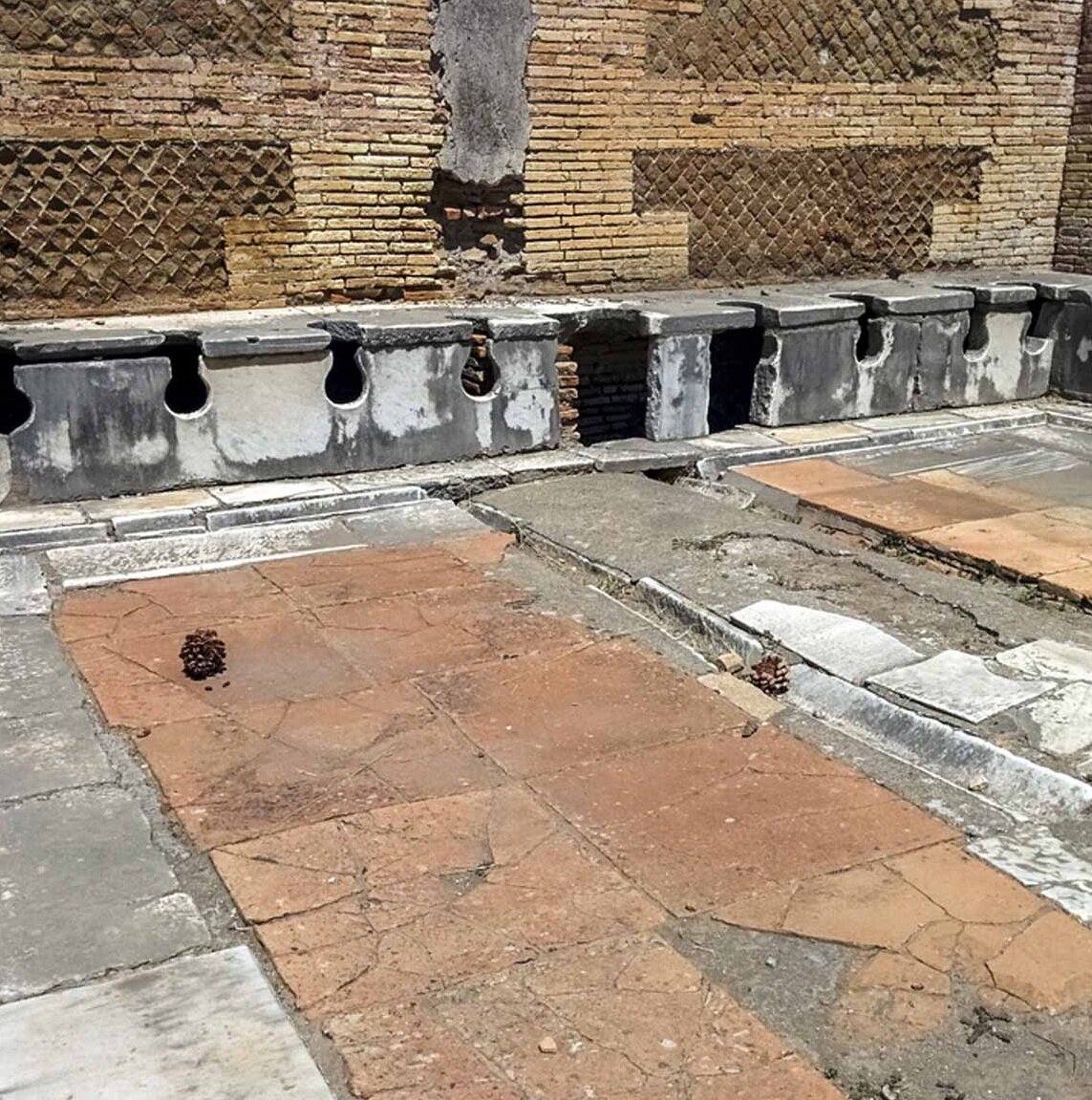 Ходить в туалет это не всегда было принято в одиночестве. Этот мужской общественный туалет в Остии, Италия, вмещал 20 человек . "Туалетной бумагой" тогда   была общественная губка на палочке. Римляне относились к походу в туалет как к общественному мероприятию. Они встречались с друзьями, обменивались мнениями, узнавали новости и вытирались кусочком губки, прикрепленным к короткой деревянной ручке. 
После этого её нужно было ополоснуто в водном канале, который бежал перед туалетом и повторно использовать . Было высказано предположение, что эта практика породила фразу " схватиться  не за тот конец палки ".