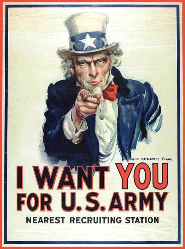 "Дядюшка Сэм (Uncle Sam, U.S.) нуждается в тебе" (один из плакатов с персонификацией знаменитого образа Соединённых Штатов)