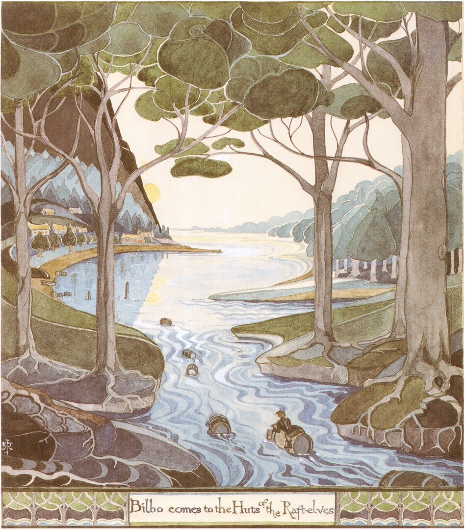 Бильбо плывет к домам эльфов-плотильщиков, рисунок Дж.Р.Р. Толкина.