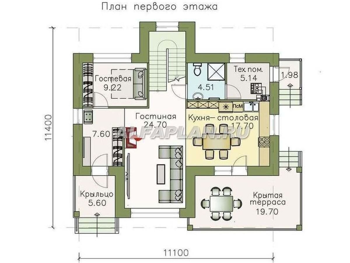 2. Планировка дома по проекту 376А "Модерн". На 1 этаже, кроме гостиной и столовой с кухней, предусмотрена жилая комната, которую можно использовать как гостевую, или как кабинет. Из столовой-кухни есть выход на крытую террасу. 