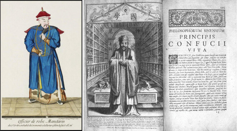 Слева: пластина из книги Иоахима Буве «Etat présent de la Chine» (1697). Справа: Confucius Sinarum Philosophus («Жизнь и творчество Конфуция»), написанные отцом Филиппом Купетом и отцом Просперо Инторчетта, 1687 г.
