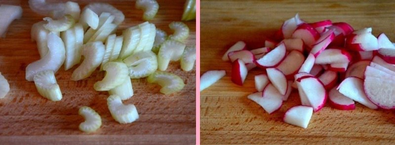 Редис разрежьте пополам, затем нарежьте полукольцами, тонко нарежьте стебли сельдерея.