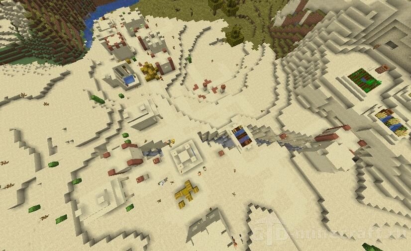 Используя этот сид, вы сможете найти довольно любопытную местность неподалеку от точки спавна. В крупной саванне на берегу моря расположилась интересная деревня во льдах. Так получилось из-за того, что поселение частично находится в биоме ледяного океана. Еще одну интересную деревню можно увидеть по координатам 20 ~ 20. Она расположена в пустыне и стоит прямо на большом каньоне, из-за чего несколько домов и грядок буквально висят над пропастью. 