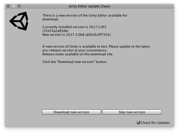 Окно отображается, когда есть более новая версия Unity, доступная для загрузки.