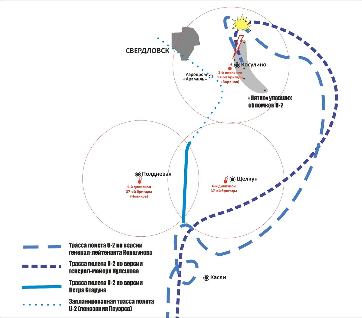 Трасса полета U-2 за Вишневогорском по разным версиям