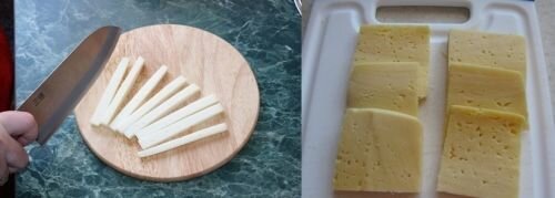    Для наших с Вами целей подойдёт любой сыр, даже плавленный, поэтому можно поэкспериментировать и последить за результатом. И твёрдый и мягкий сыр нужно нарезать брусочками или пластинами длиной около 5 сантиметров, шириной - 2 сантиметра, а толщиной - 6 миллиметров. Размеры довольно условные, отталкивайтесь от размера куска сыра, но режьте тонкими кусочками. Мягкий сыр можно нарезать чуть потолще, чтобы он не слишком быстро расплавился на сковородке.   