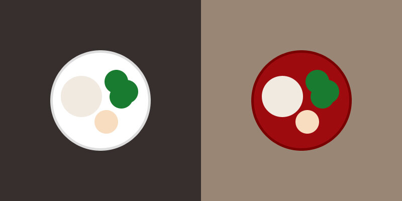 Представьте себе обед с рисом, курицей и брокколи. Цвет вашей еды имеет тенденцию сливаться с белой тарелкой слева, в то время как он четко выделяется из красной тарелки справа. Вы, скорее всего, положите большие порции на белую тарелку, потому что еда сливается с цветом тарелки и не кажется такой большой.