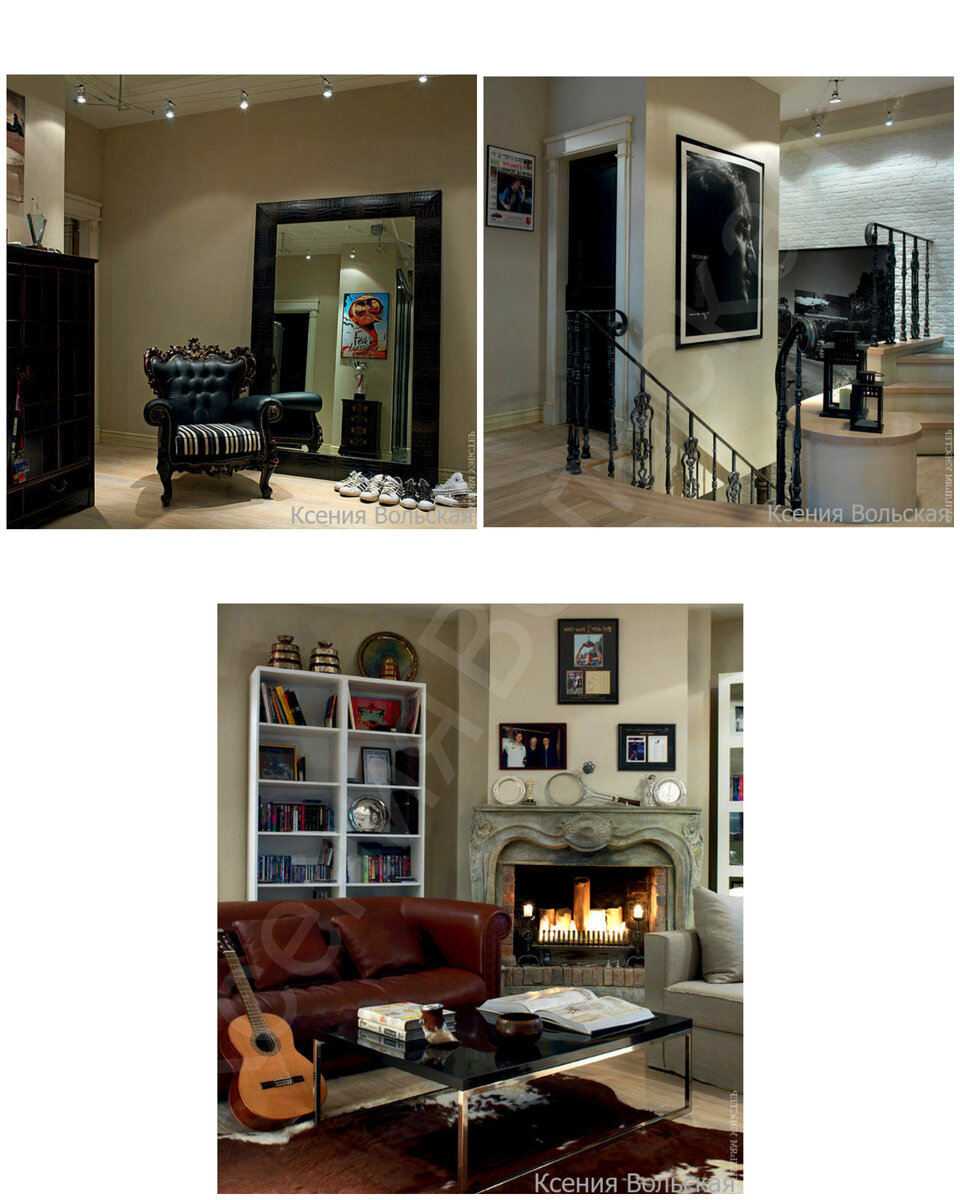 Прихожая. Гостиная. В гостиной теннисиста два камина. Лестница на второй этаж.