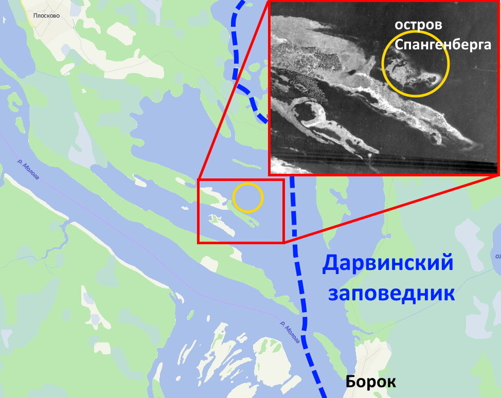 На врезке чёрно-белый аэрофотоснимок 50-х годов. В жёлтом круге остров Спангенберга. На современной карте на том же месте в жёлтом круге сплошная вода.