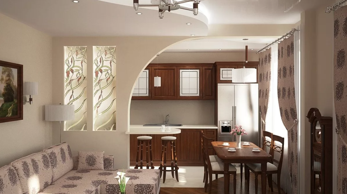 Арка в панельном доме между кухней и гостиной