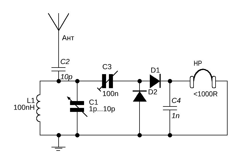 Схема УКВ детекторного радиоприемника, который работает по схеме усиления напряжения