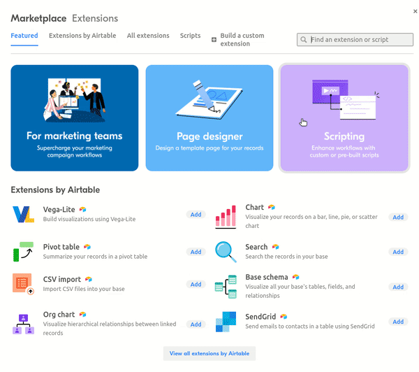 Диалоговое окно выбора расширений Airtable