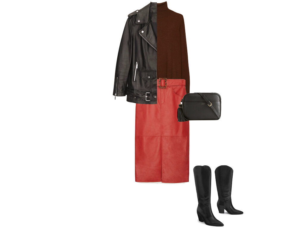 Куртка: 29 590 руб. Свитер: 8 290 руб. Юбка: 18 590 руб. Сапоги: 17 590 руб. Сумка: 12 990 руб.