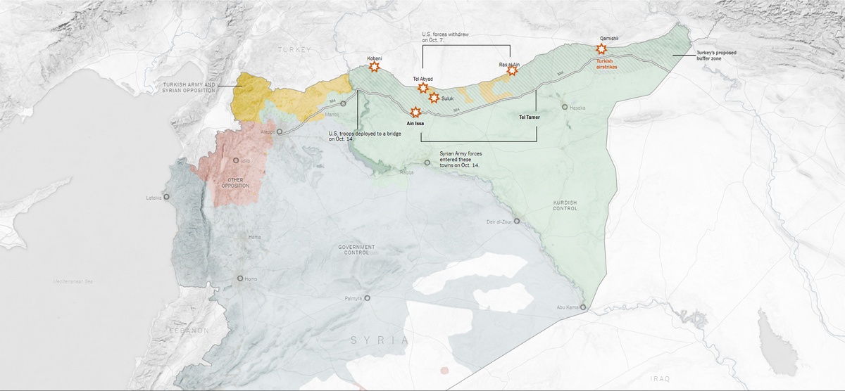 Места, в которые выдвинулись турецкие войска и сирийские правительственные силы на курдской территории. Источники: The New York Times; Conflict Monitor by IHS Markit; WorldPop.
